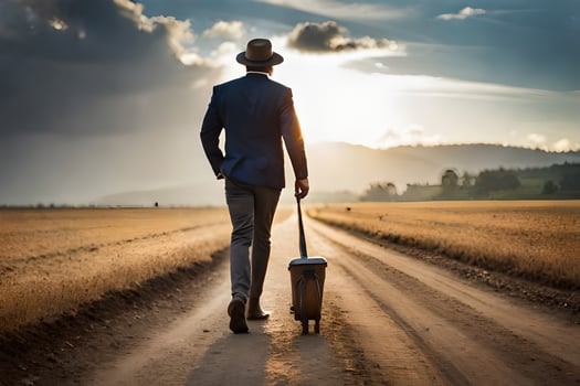 a man in a suit and hat walking down a dirt road with a suitcase. AI-Generated photo