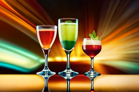 three glasses of different colored drinks on a table. AI-Generated photo