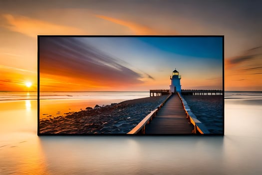 a large tv screen with a lighthouse at sunset. AI-Generated photo