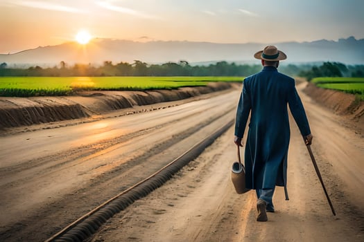 a man walking down a dirt road with a cane. AI-Generated photo