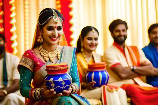 a woman in traditional indian attire holding a pot. AI-Generated photo