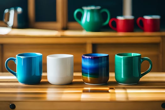 colorful mugs on a wooden table. AI-Generated photo