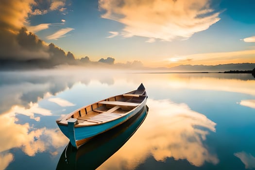 a boat floating on a calm lake with clouds reflecting in the water. AI-Generated photo