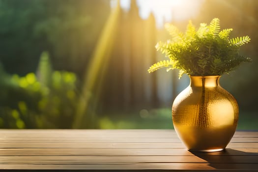 a golden vase with ferns on a wooden table. AI-Generated photo