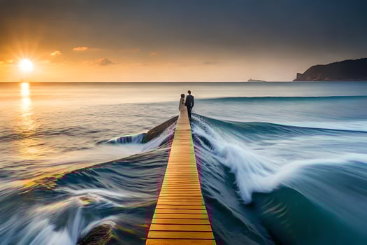 a couple standing on a wooden pier in the ocean. AI-Generated photo