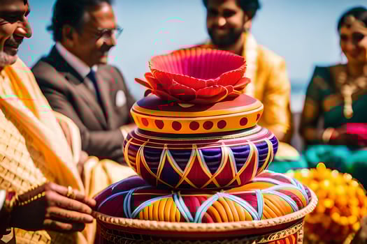 a man and woman are holding a colorful cake. AI-Generated photo