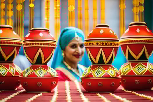 a woman in a turban is standing next to a row of colorful vases. AI-Generated photo