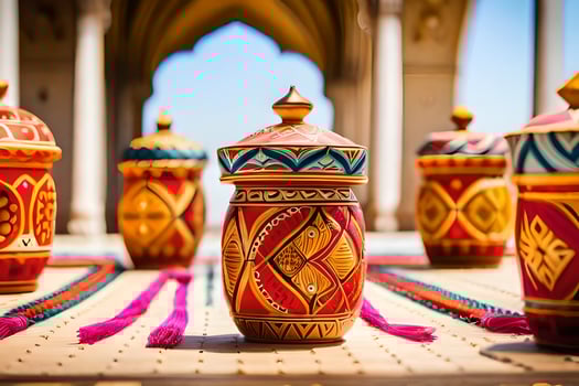 colorful vases are sitting on a table. AI-Generated photo