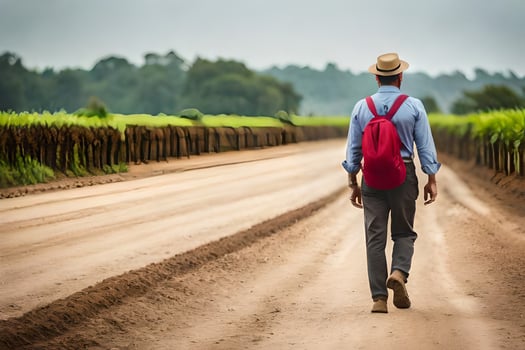 a man with a red backpack walking down a dirt road. AI-Generated photo