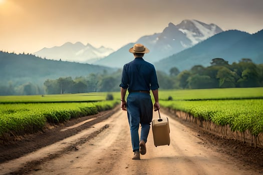 a man with a hat and suitcase walks down a dirt road. AI-Generated photo