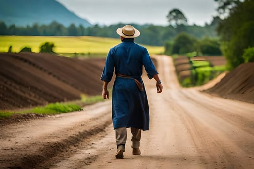 a man in a blue coat and hat walking down a dirt road. AI-Generated photo
