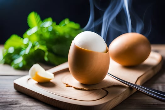 two eggs on a cutting board with smoke coming out of them. AI-Generated photo