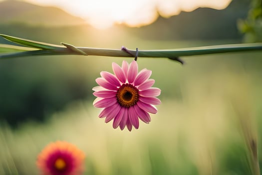 a pink flower is hanging from a branch in the sun. AI-Generated photo