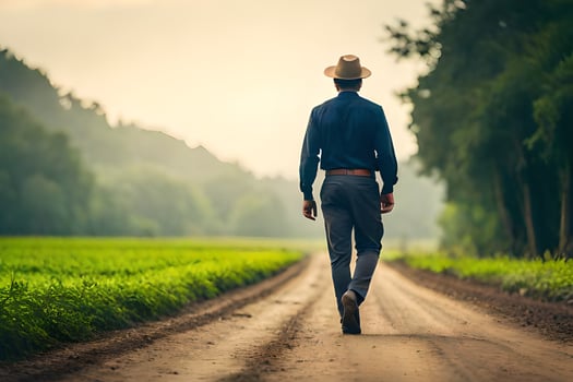 a man in a hat walks down a dirt road. AI-Generated photo