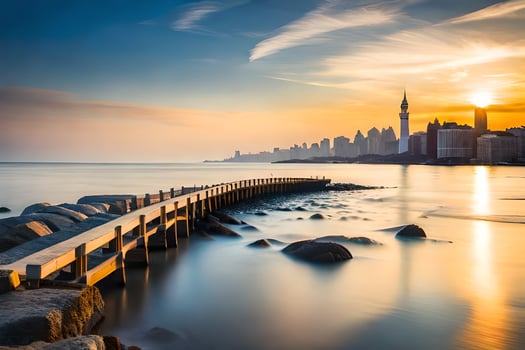 the sun rises over the city skyline at sunset. AI-Generated photo