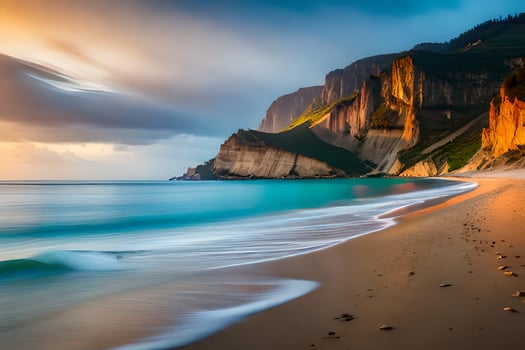 the beach and cliffs at sunset. AI-Generated photo