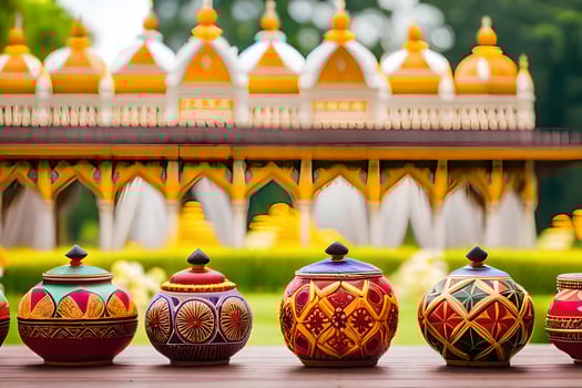 colorful pots lined up in front of a building. AI-Generated photo