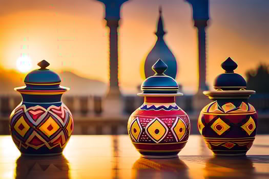 three colorful vases are on a table in front of a sunset. AI-Generated photo