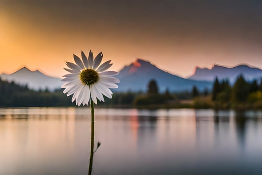 a single daisy is standing in front of a lake. AI-Generated photo