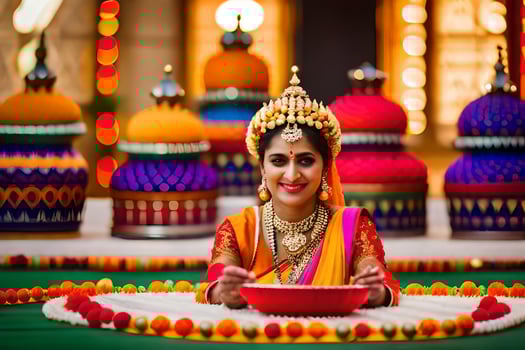a woman in traditional indian attire sits in front of colorful decorations. AI-Generated photo