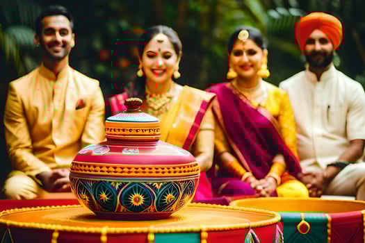 a couple and their family pose for a photo in indian attire. AI-Generated