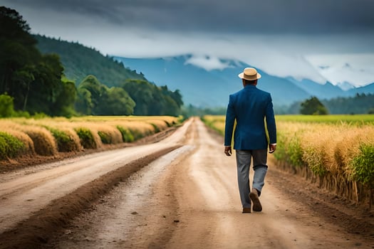 a man in a suit and hat walks down a dirt road. AI-Generated photo