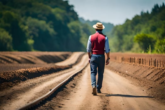 a man in a hat and vest walking down a dirt road. AI-Generated photo