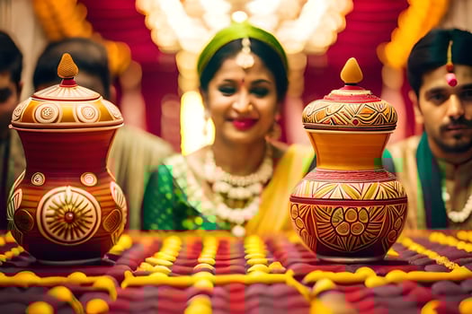 a bride and groom are sitting in front of a decorated pot. AI-Generated photo