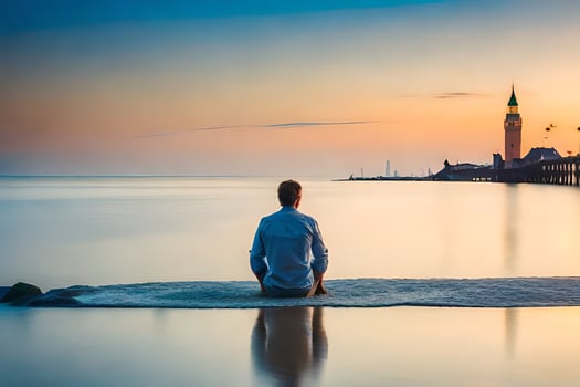 a man sitting on the beach at sunset. AI-Generated photo