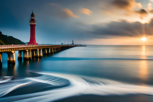 a lighthouse stands on a pier at sunset. AI-Generated photo