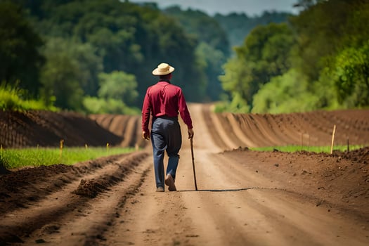 a man walking down a dirt road with a cane. AI-Generated photo