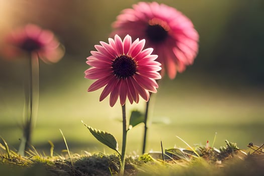 pink flowers in the grass with sunlight shining through. AI-Generated photo