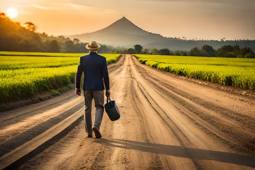 a man in a hat walks down a dirt road with a suitcase. AI-Generated photo