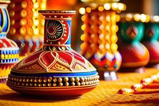many colorful vases are sitting on a table. AI-Generated photo