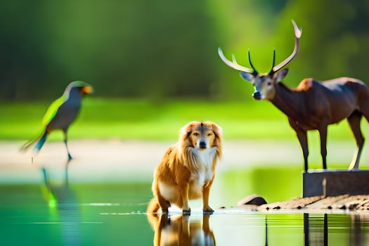 a dog and deer standing in the water. AI-Generated photo