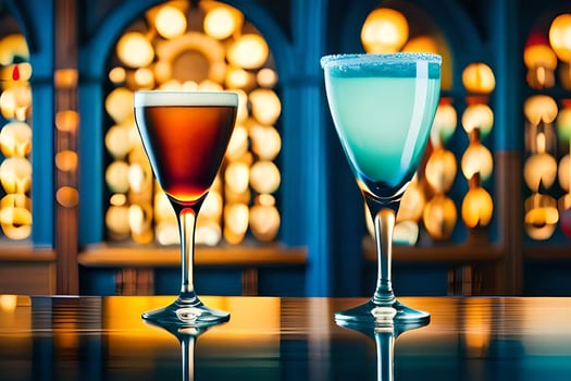 two glasses of different colored drinks on a table. AI-Generated photo