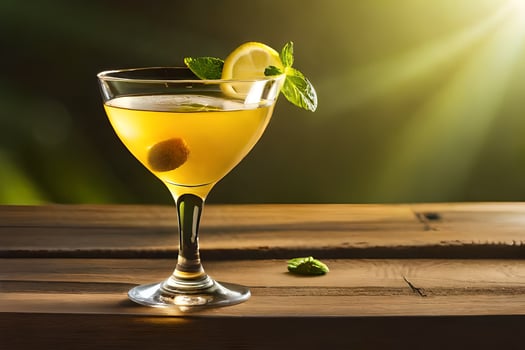 cocktail with lemon and mint on a wooden table. AI-Generated photo