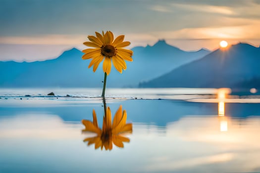 a single yellow flower stands in the middle of a lake. AI-Generated photo