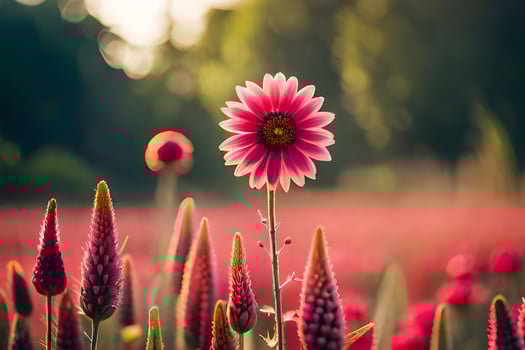 a pink flower stands out in the middle of a field. AI-Generated photo