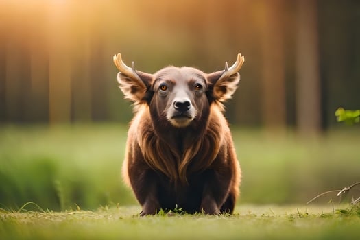 a brown bull with horns sitting in the grass. AI-Generated photo