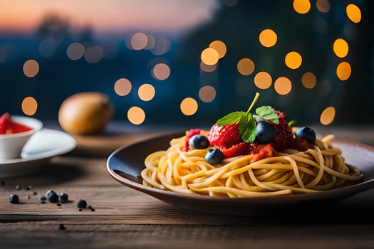 spaghetti with berries and berries on a wooden table. AI-Generated photo
