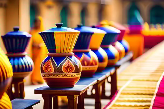 colorful vases lined up on a table. AI-Generated photo