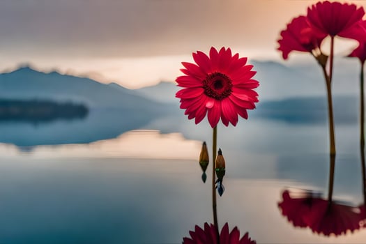 red flowers in the water with mountains in the background. AI-Generated photo