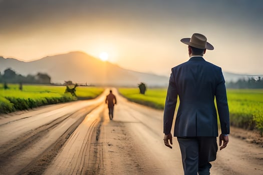 a man in a suit and hat walking down a dirt road. AI-Generated photo