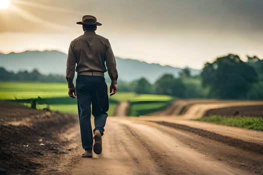 a man in a hat walks down a dirt road. AI-Generated photo