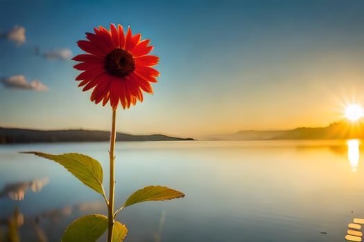 a single red flower stands in front of a lake at sunset. AI-Generated photo