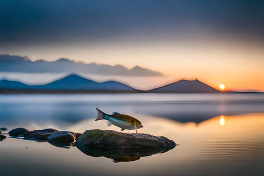 a fish is sitting on rocks in the water at sunset. AI-Generated photo