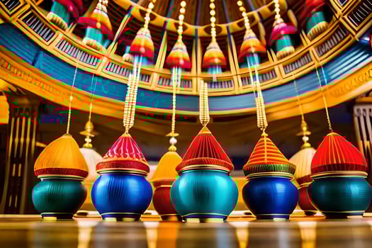 colorful ornaments hanging from a ceiling in a room. AI-Generated photo
