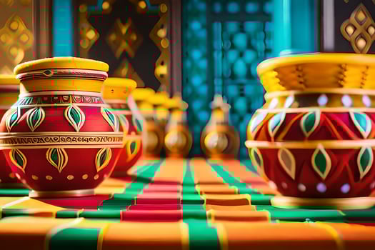 colorful vases on a colorful tablecloth. AI-Generated photo
