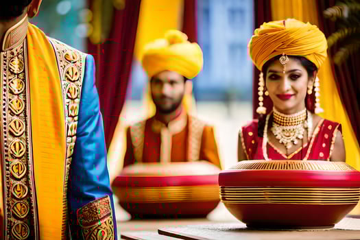 a bride and groom in traditional indian attire. AI-Generated photo